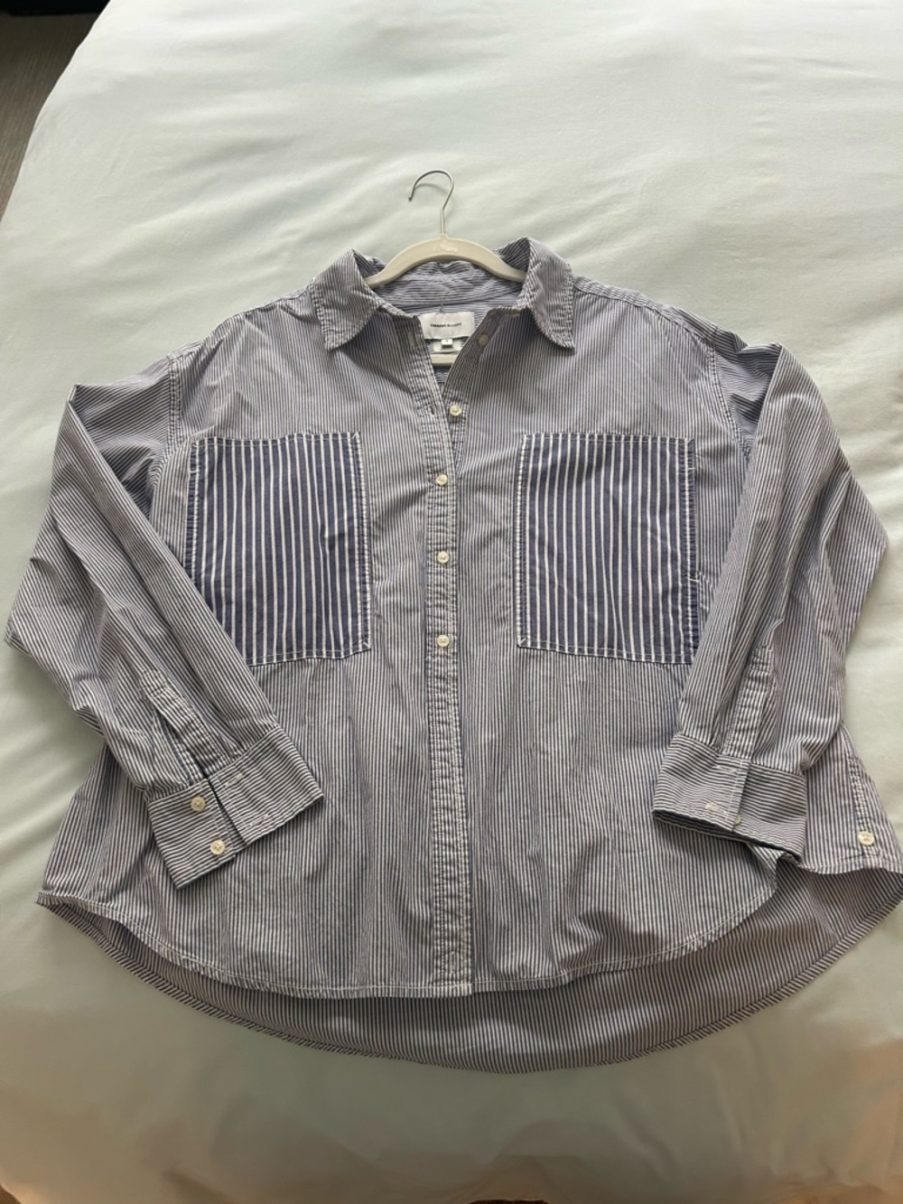 Current/Elliott Blue and White Striped Button-Down Shirt with Contrast Pockets